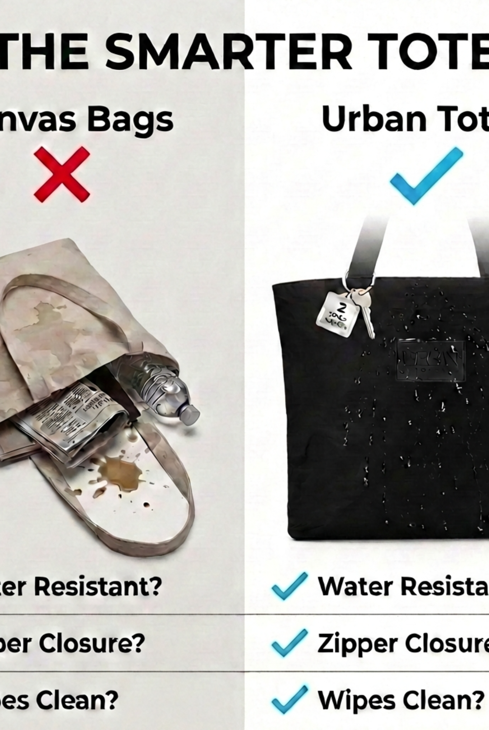 Comparison chart of canvas bags vs. urban tote bags highlighting features like water resistance, zipper closure, and wipes clean.