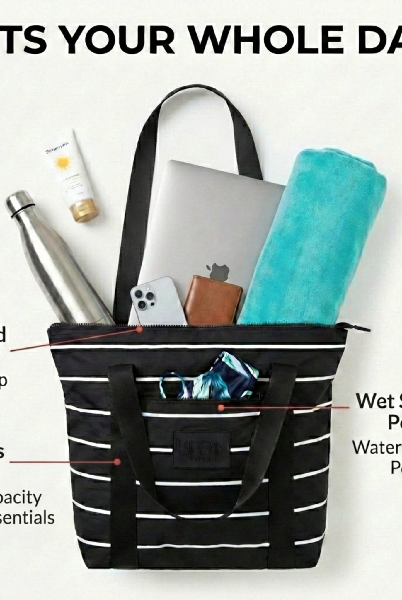 Black and white striped tote bag with various items and features highlighted on a white background.