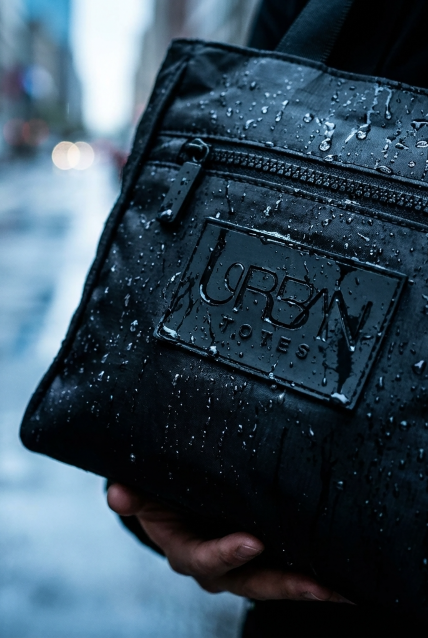 water resistant tote bag held by a person on a rainy street.