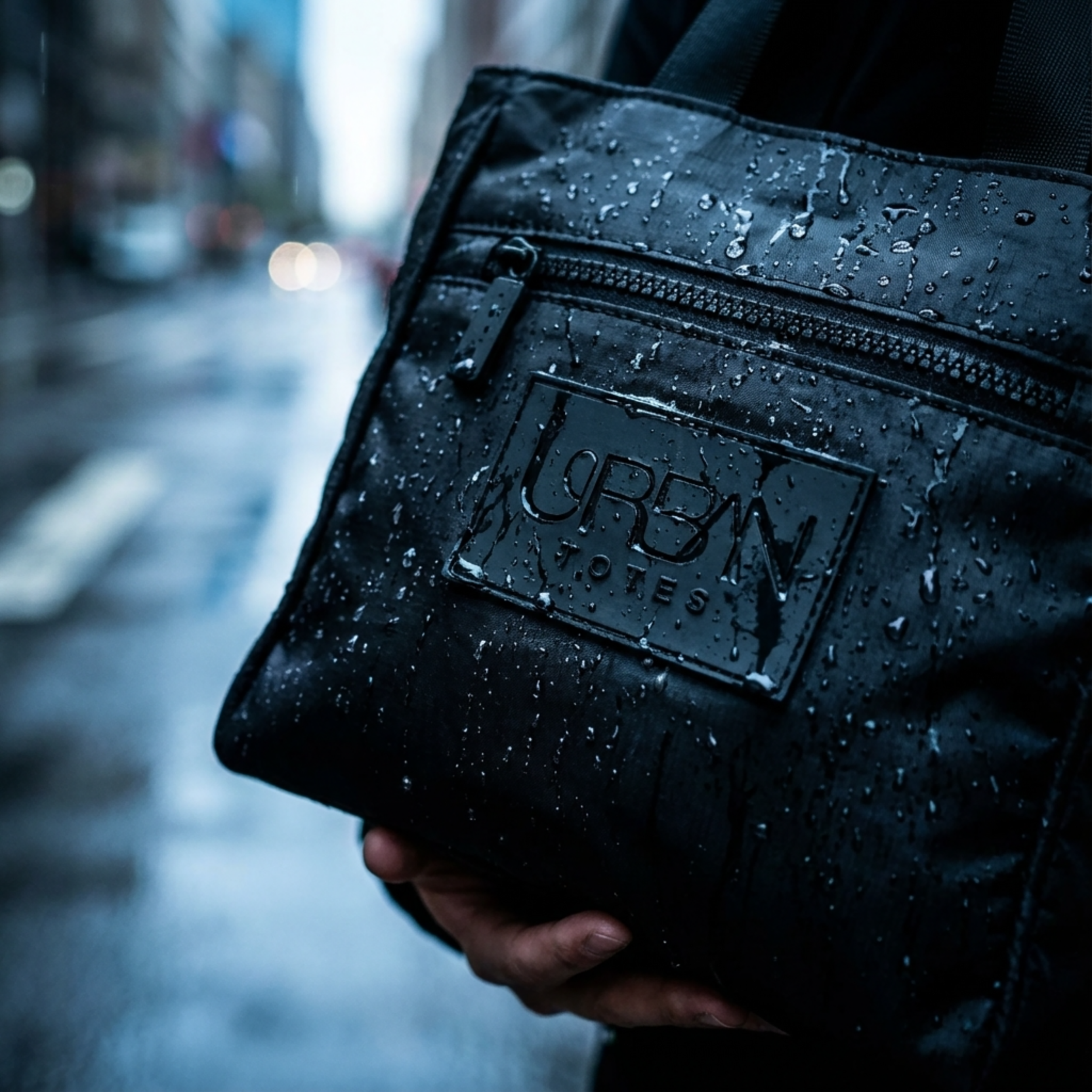 water resistant tote bag held by a person on a rainy street.