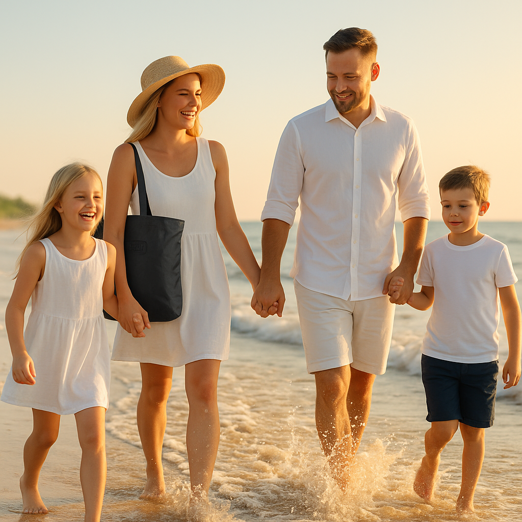 Family of four walking on a beach at sunset