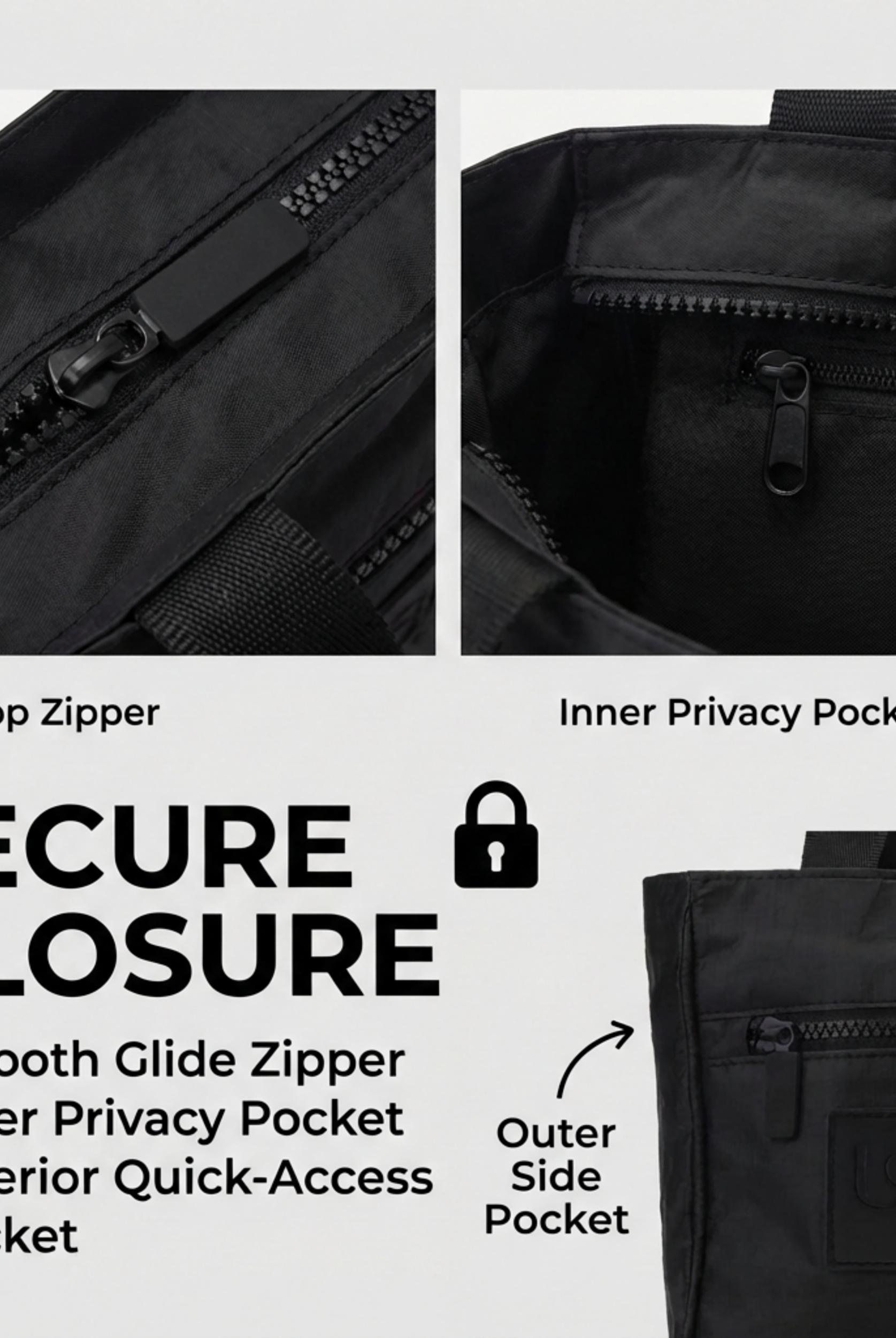 Black mini purse with secure closure and zipper pockets
