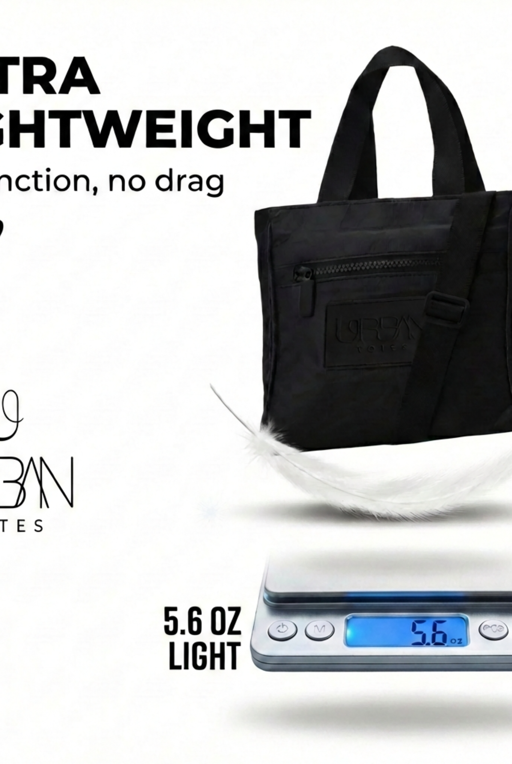 Black tote bag on a scale with text 'Ultra Lightweight' and '5.6 oz light'.