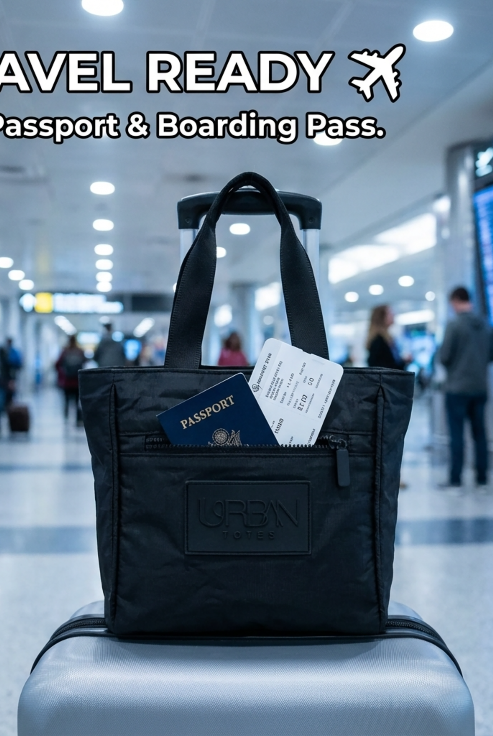 Black travel bag with passport and boarding pass in an airport setting