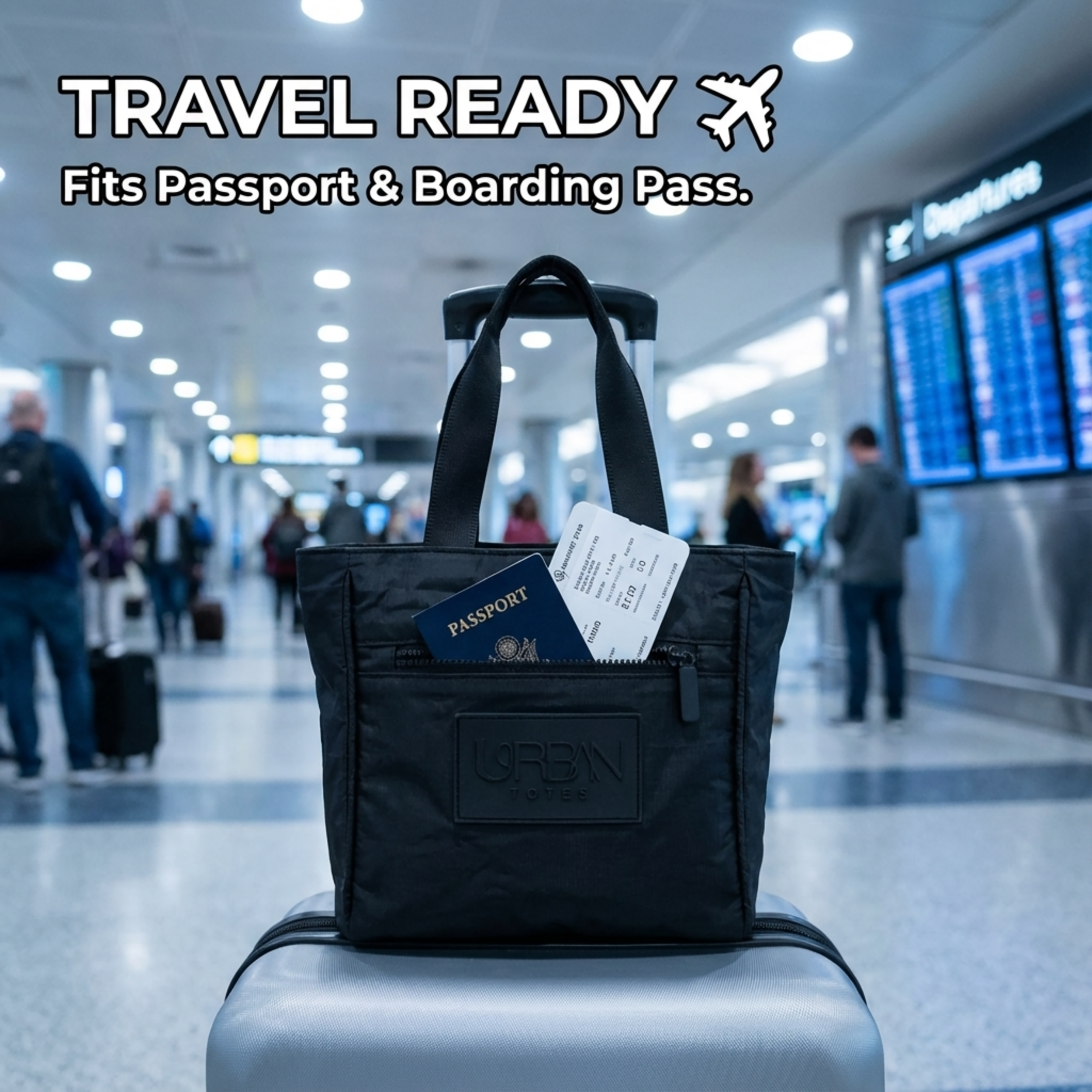Black travel bag with passport and boarding pass in an airport setting