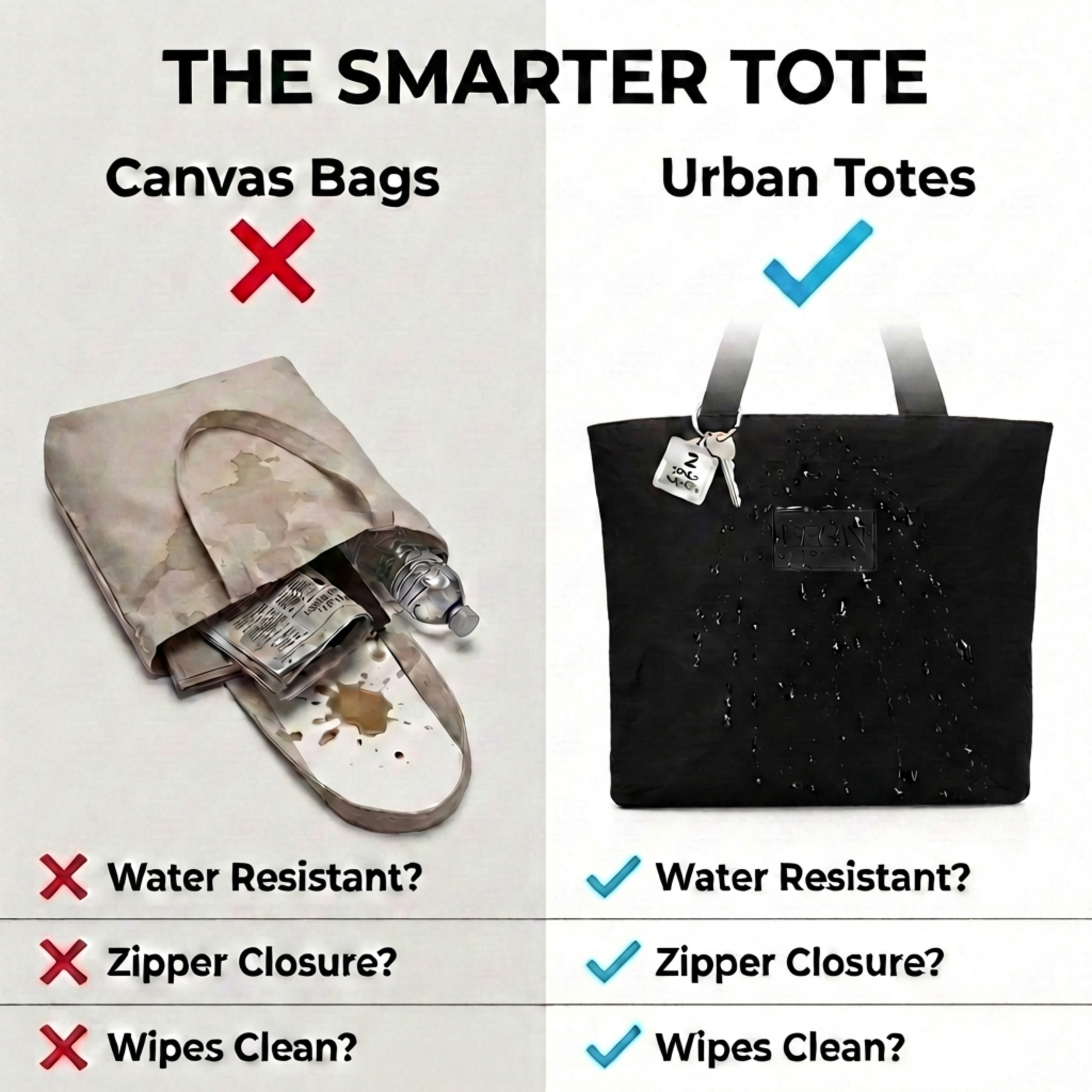 Comparison chart of canvas bags vs. urban tote bags highlighting features like water resistance, zipper closure, and wipes clean.
