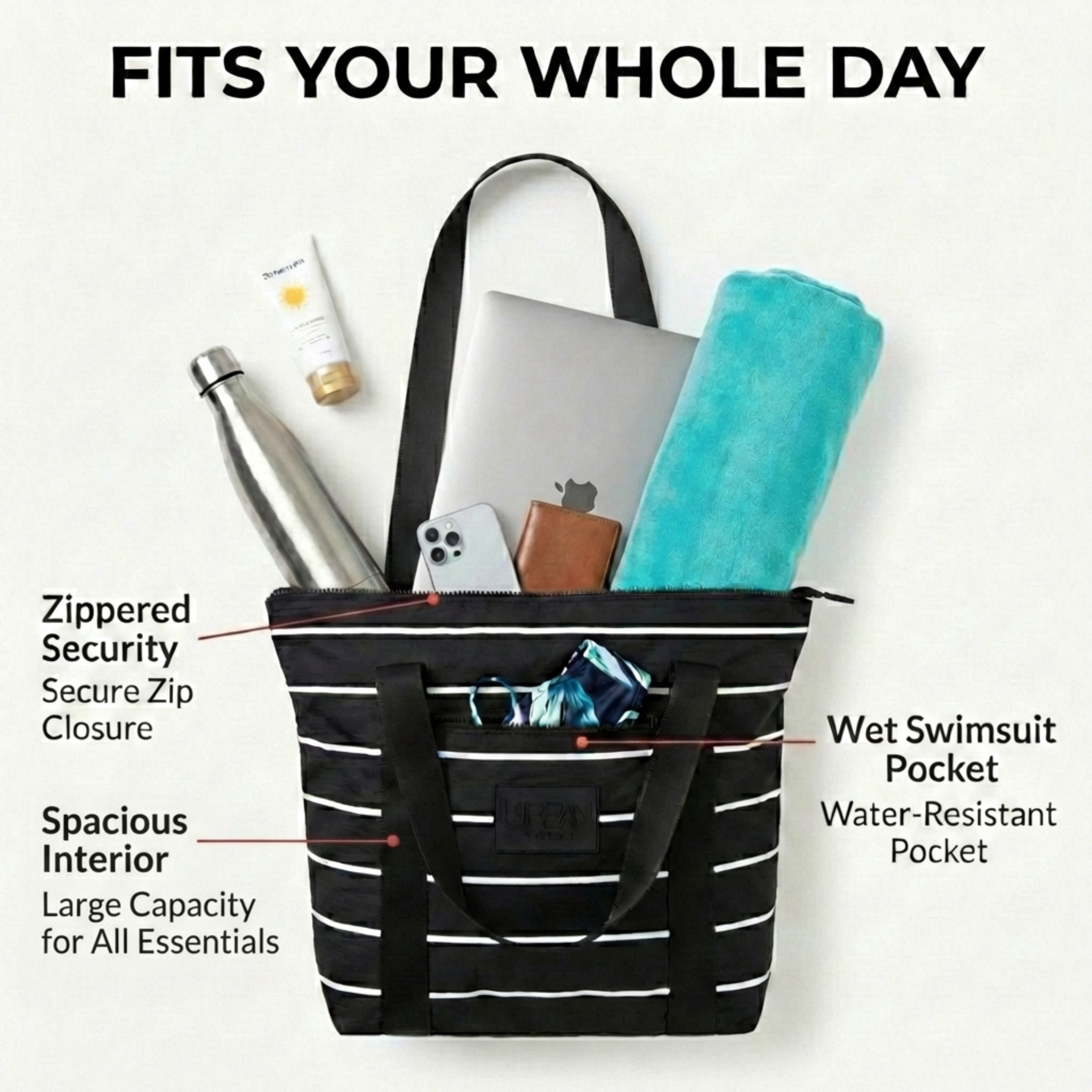 Black and white striped tote bag with various items and features highlighted on a white background.