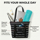 Black and white striped tote bag with various items and features highlighted on a white background.