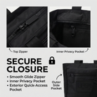 Black mini purse with secure closure and zipper pockets