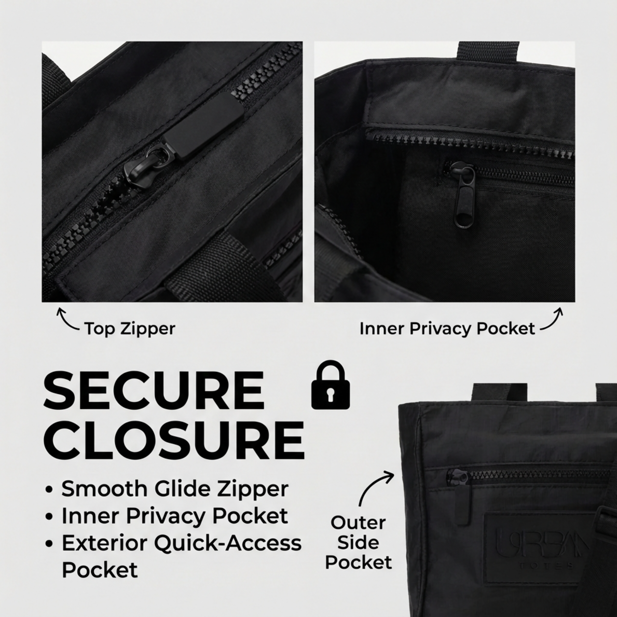 Black mini purse with secure closure and zipper pockets