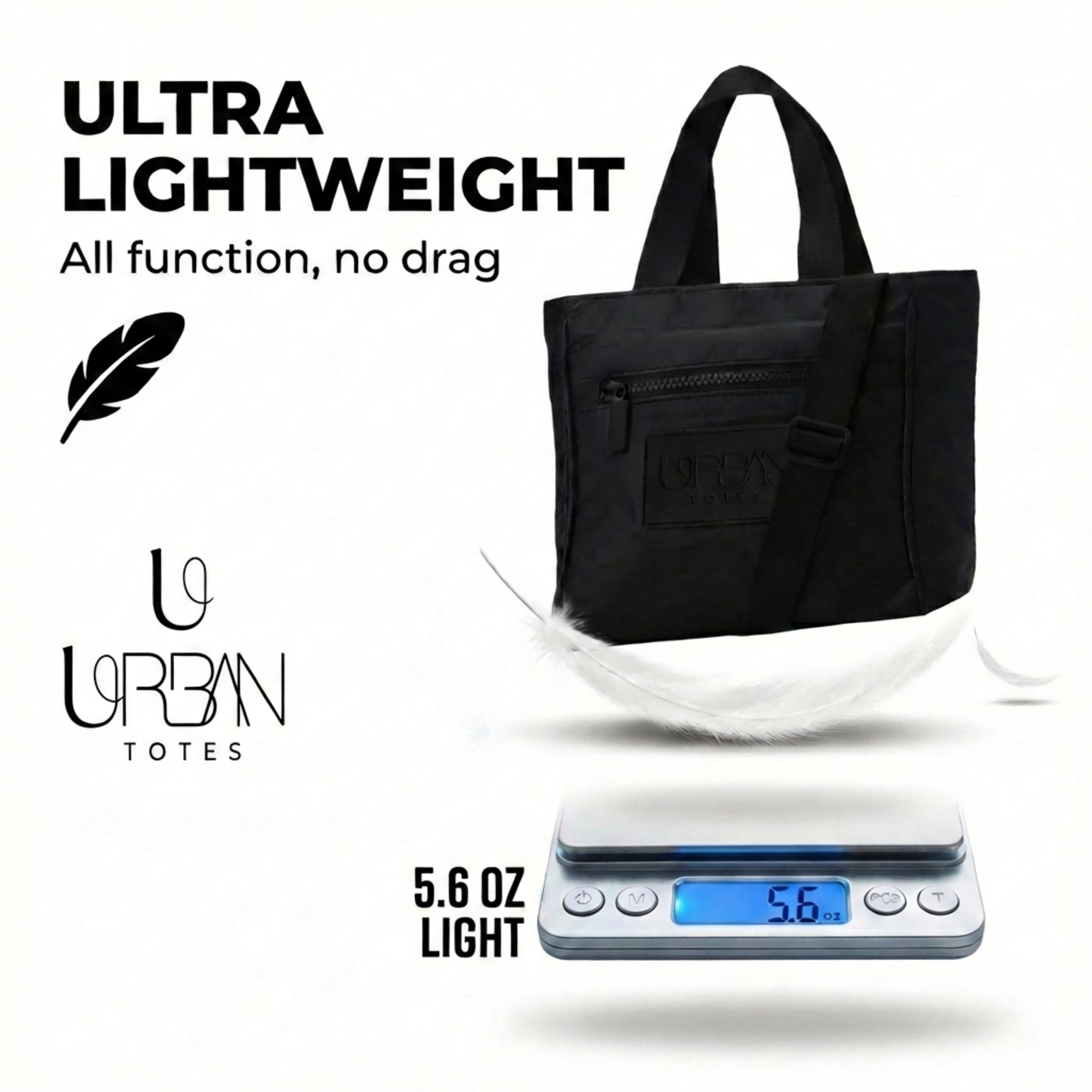 Black tote bag on a scale with text 'Ultra Lightweight' and '5.6 oz light'.